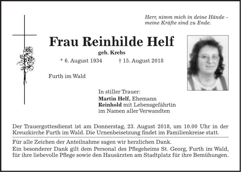 Traueranzeige Reinhilde Helf