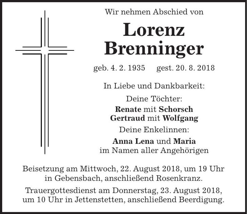 Traueranzeige Lorenz Brenninger
