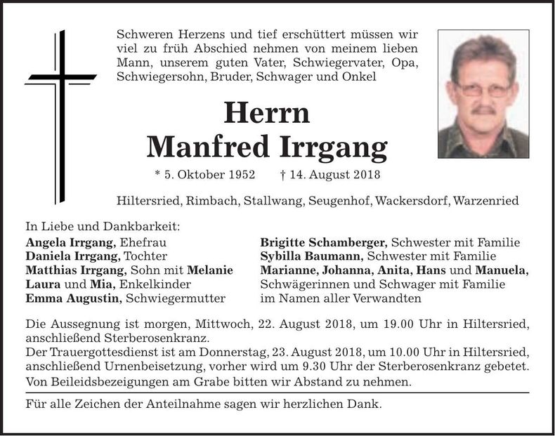 Traueranzeige Manfred Irrgang