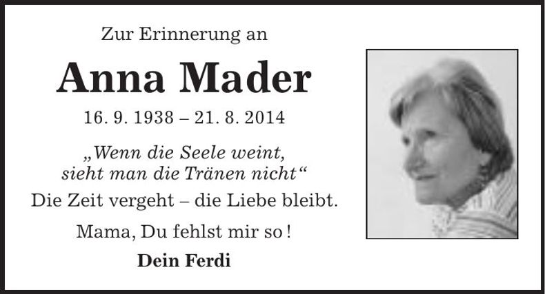 Traueranzeige Anna Mader
