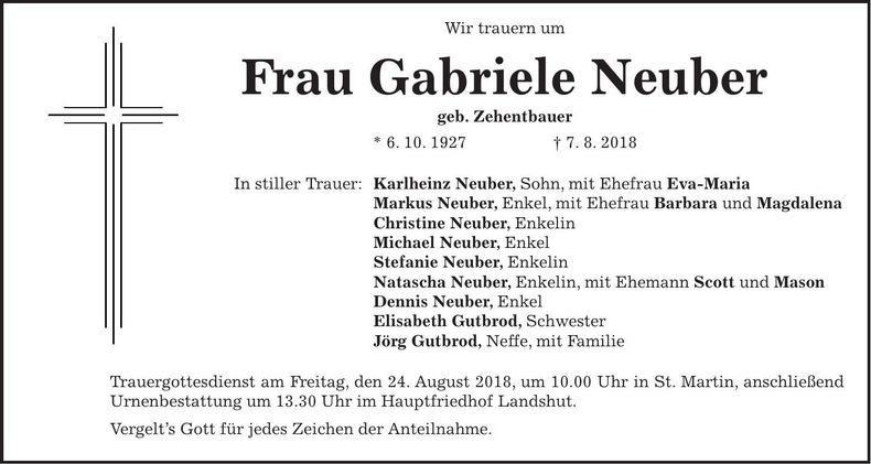 Traueranzeige Gabriele Neuber
