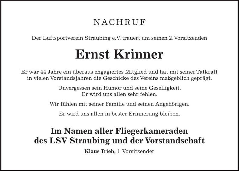 Traueranzeige Ernst Krinner