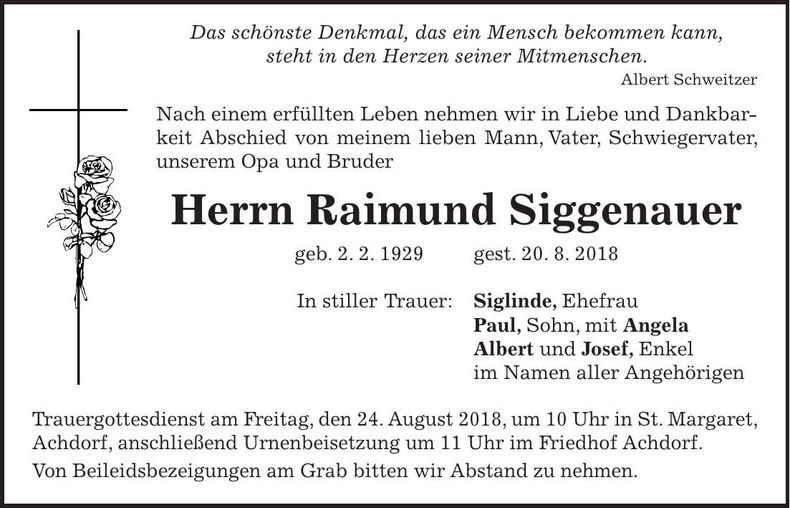 Traueranzeige Raimund Siggenauer
