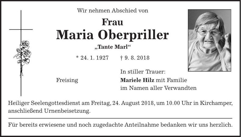 Traueranzeige Maria Oberpriller