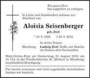 Traueranzeige Aloisia Seisenberger