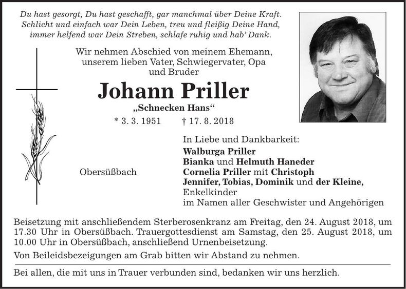 Traueranzeige Johann Priller
