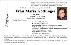 Traueranzeige Maria Göttlinger