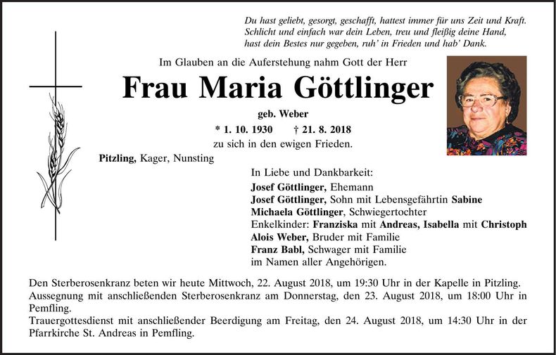 Traueranzeige Maria Göttlinger