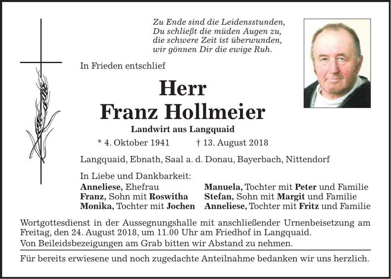 Traueranzeige Franz Hollmeier