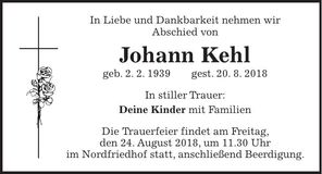 Traueranzeige Johann Kehl