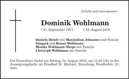 Traueranzeige Dominik Wohlmann