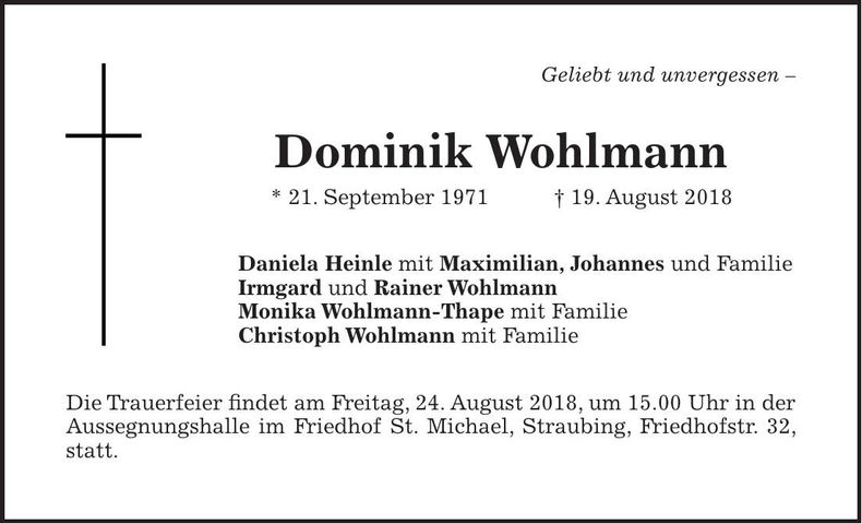 Traueranzeige Dominik Wohlmann