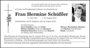 Traueranzeige Hermine Schüßler