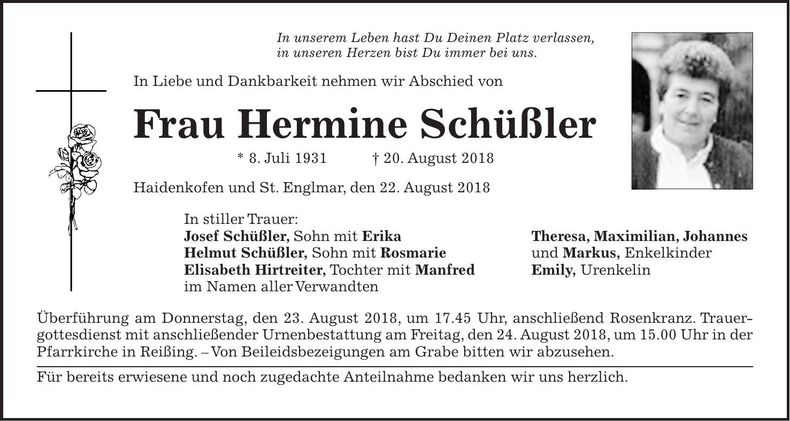 Traueranzeige Hermine Schüßler