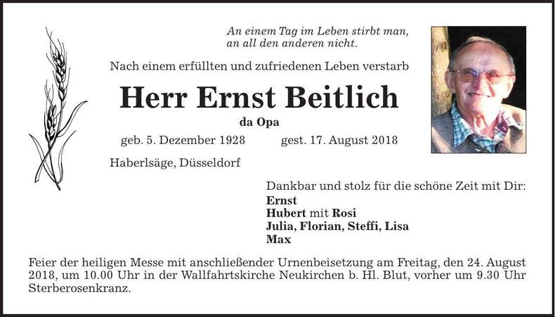 Traueranzeige Ernst Beitlich