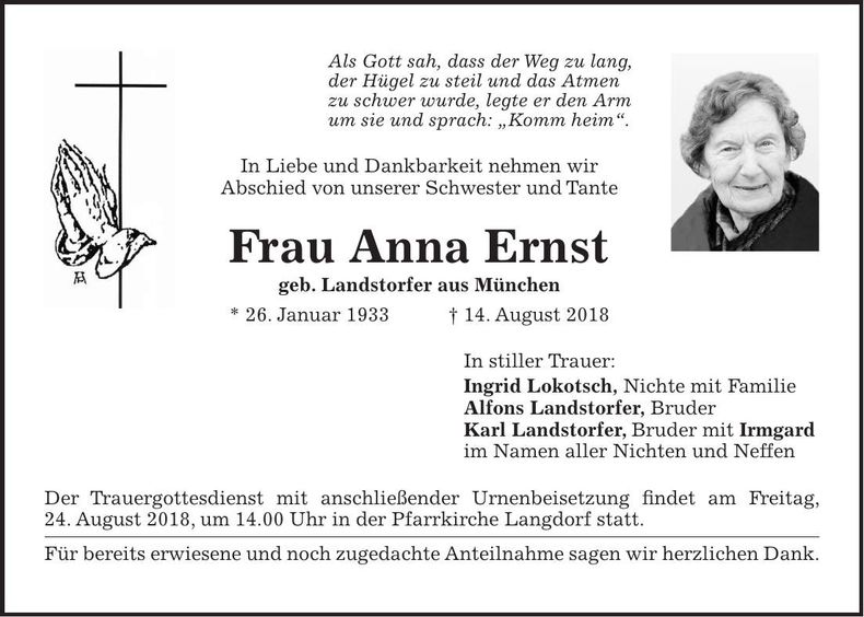 Traueranzeige Anna Ernst