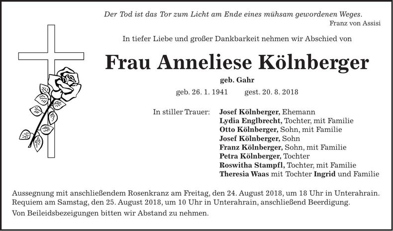 Traueranzeige Anneliese Kölnberger