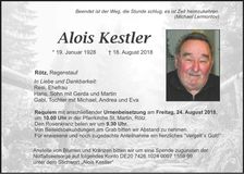 Traueranzeige Alois Kestler