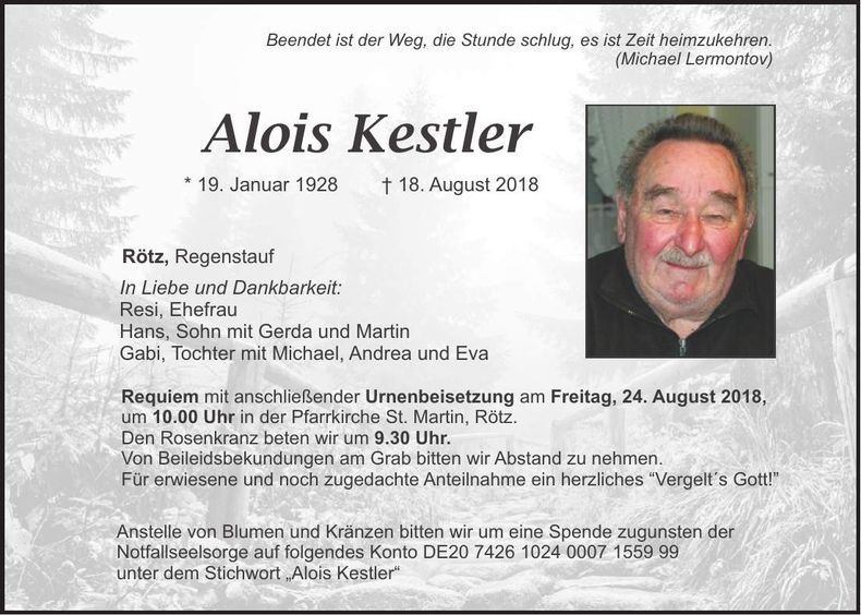 Traueranzeige Alois Kestler