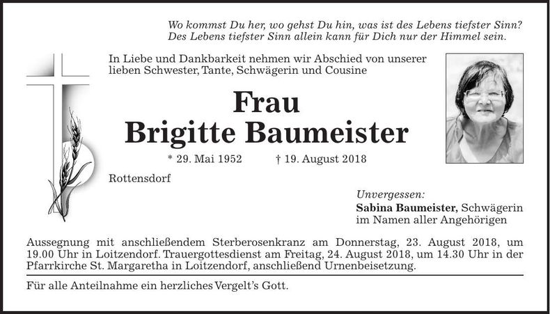 Traueranzeige Brigitte Baumeister