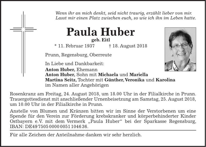 Traueranzeige Paula Huber