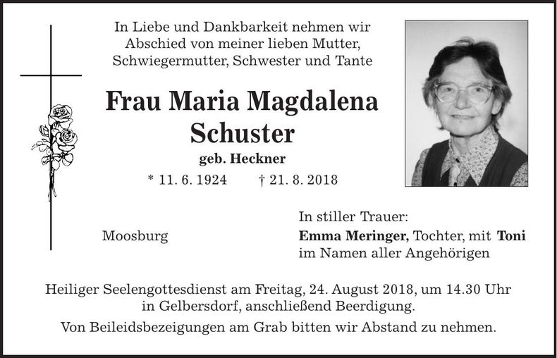 Traueranzeige Maria Magdalena Schuster