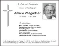 Traueranzeige Amalie Wiegartner