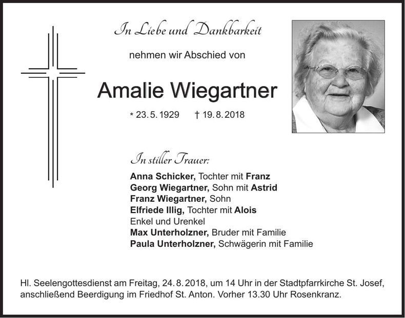 Traueranzeige Amalie Wiegartner