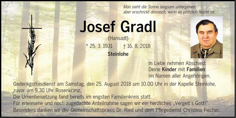 Traueranzeige Josef Gradl
