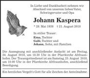 Traueranzeige Johann Kaspera