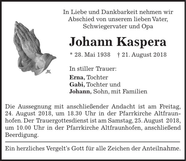 Traueranzeige Johann Kaspera