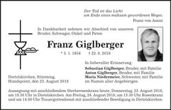Traueranzeige Franz Giglberger