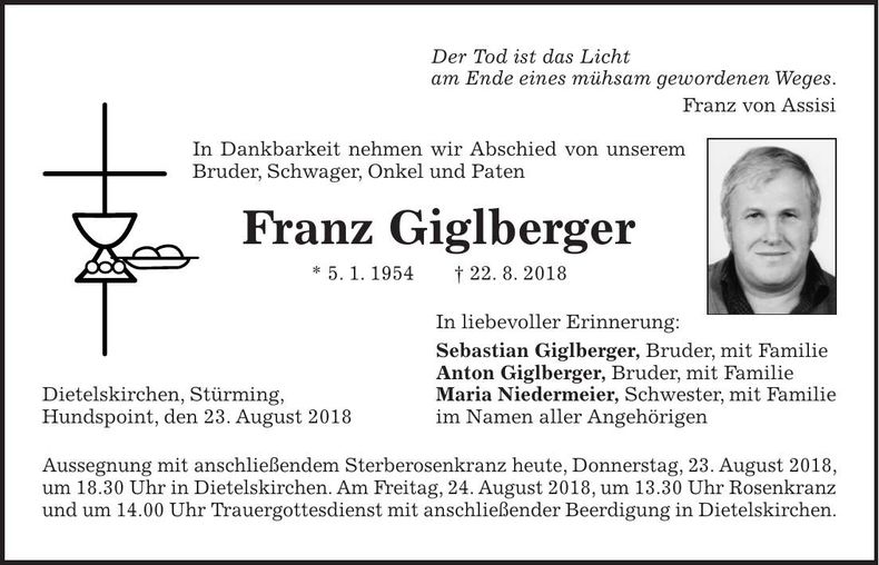 Traueranzeige Franz Giglberger