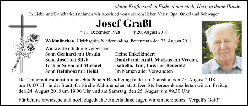 Traueranzeige Josef Graßl