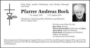 Traueranzeige Pfarrer Andreas Bock