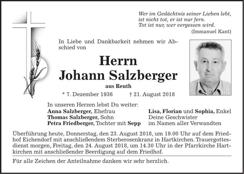 Traueranzeige Johann Salzberger