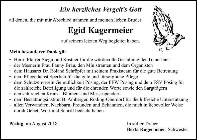 Traueranzeige Egid Kagermeier