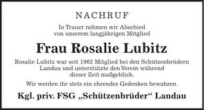 Traueranzeige Lubitz Rosalie