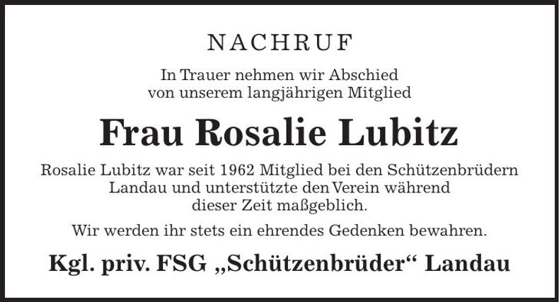 Traueranzeige Lubitz Rosalie