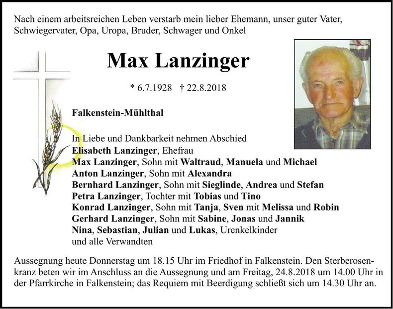 Traueranzeige Max Lanzinger