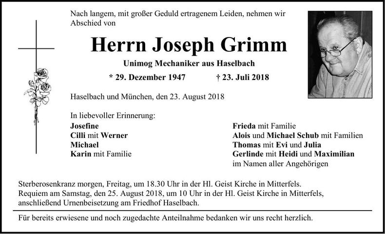 Traueranzeige Joseph Grimm