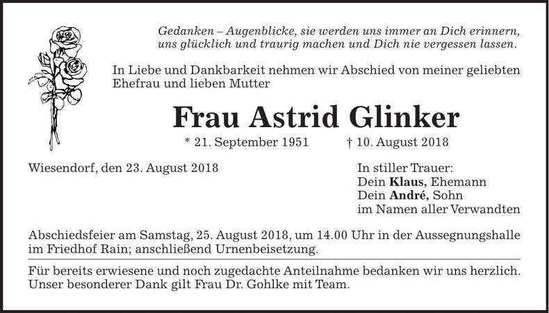 Traueranzeige Astrid Glinker