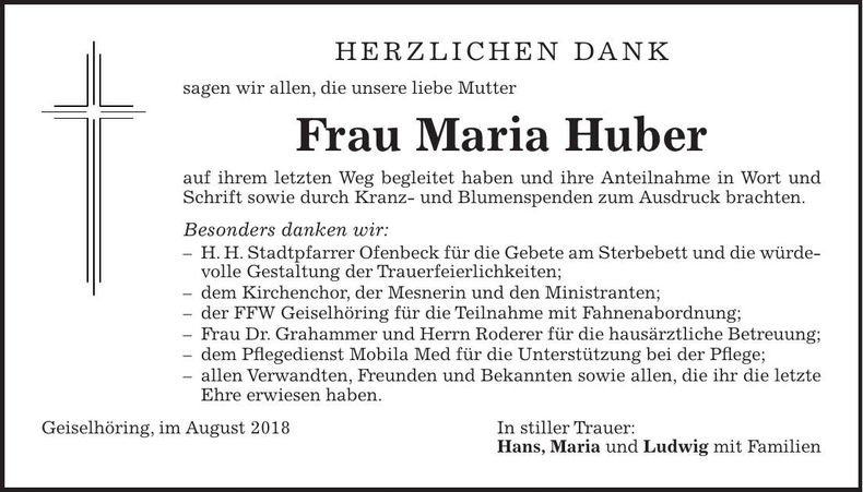 Traueranzeige Maria Huber