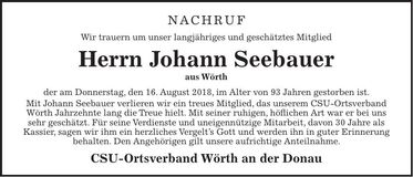 Traueranzeige Johann Seebauer