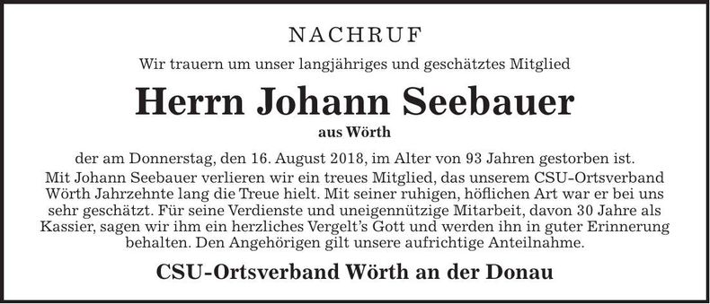 Traueranzeige Johann Seebauer
