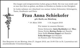 Traueranzeige Anna Schiekofer