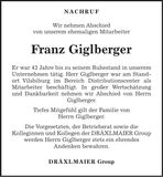Traueranzeige Franz Giglberger