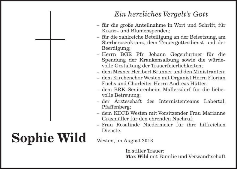 Traueranzeige Sophie Wild