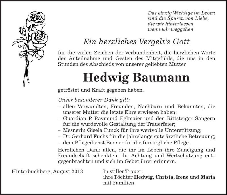Traueranzeige Hedwig Baumann