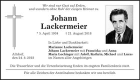 Traueranzeige Johann Lackermeier